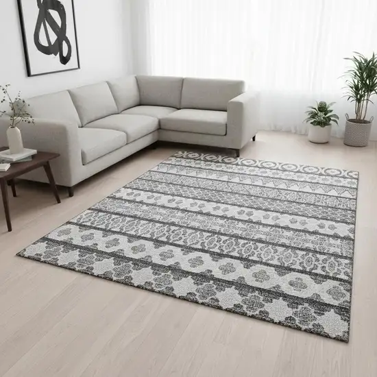 Gray And Ivory Ikat Washable Area Rug With UV Protection Photo 2