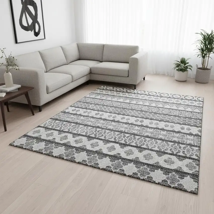 Gray And Ivory Ikat Washable Area Rug With UV Protection Photo 2