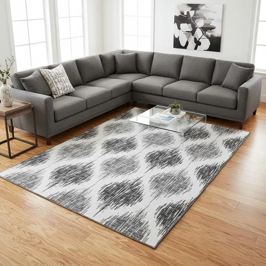 Gray And Ivory Ikat Washable Area Rug With UV Protection Photo 2