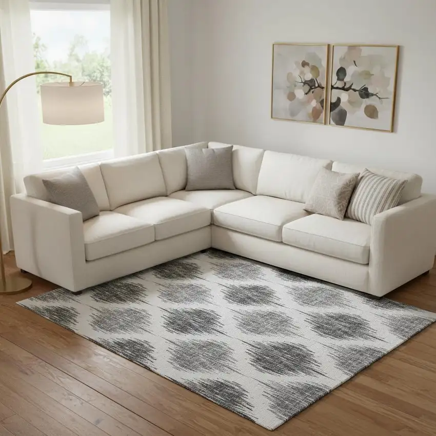 Gray And Ivory Ikat Washable Area Rug With UV Protection Photo 1