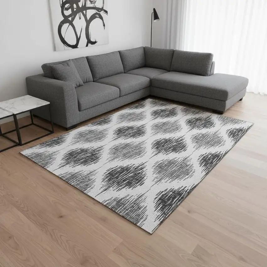 Gray And Ivory Ikat Washable Area Rug With UV Protection Photo 2