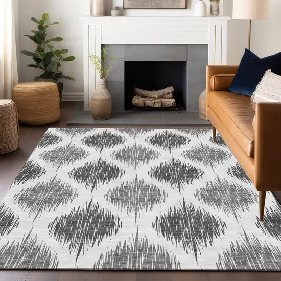 Gray And Ivory Ikat Washable Area Rug With UV Protection Photo 4