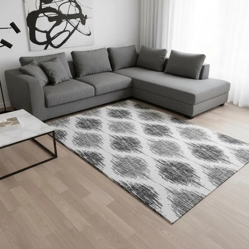 Gray And Ivory Ikat Washable Area Rug With UV Protection Photo 2