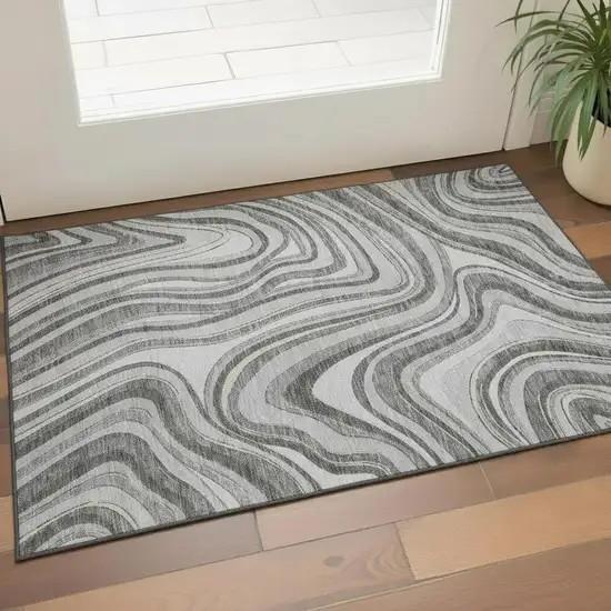 Gray And Ivory Marble Washable Area Rug With UV Protection Photo 1