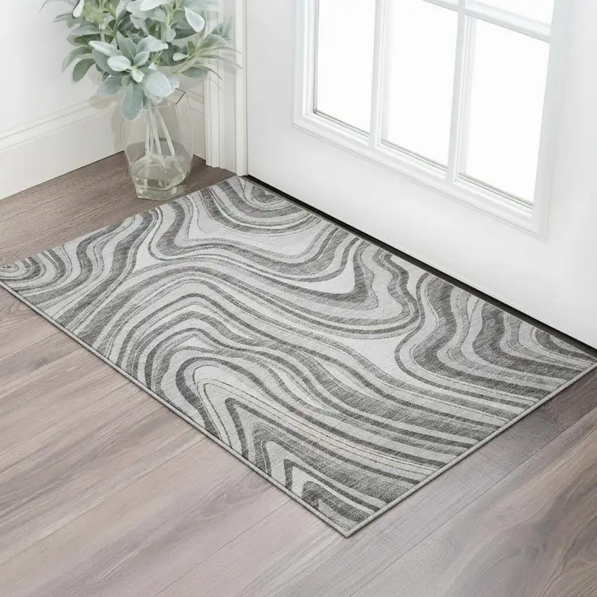 Gray And Ivory Marble Washable Area Rug With UV Protection Photo 2