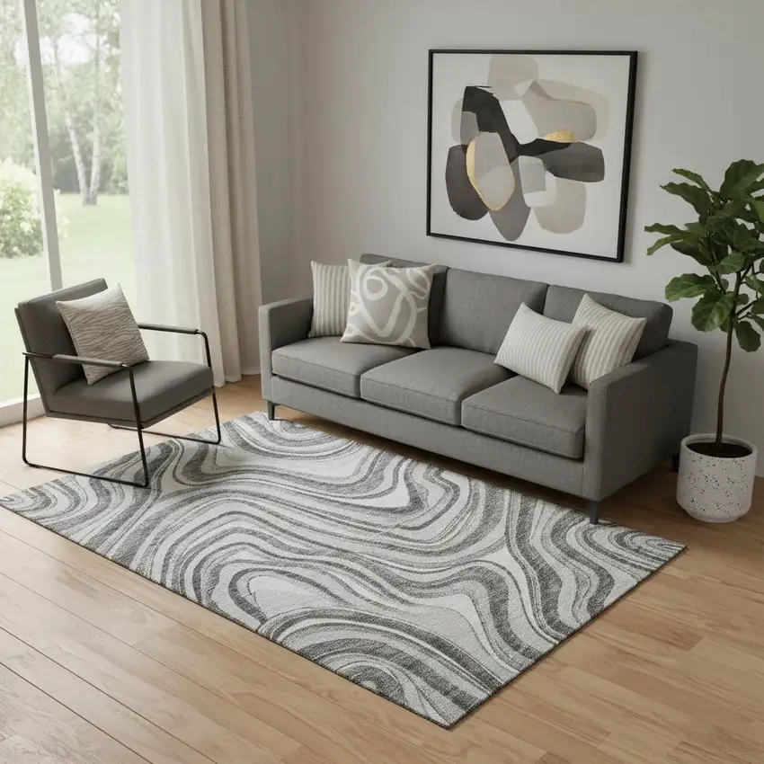 Gray And Ivory Marble Washable Area Rug With UV Protection Photo 1