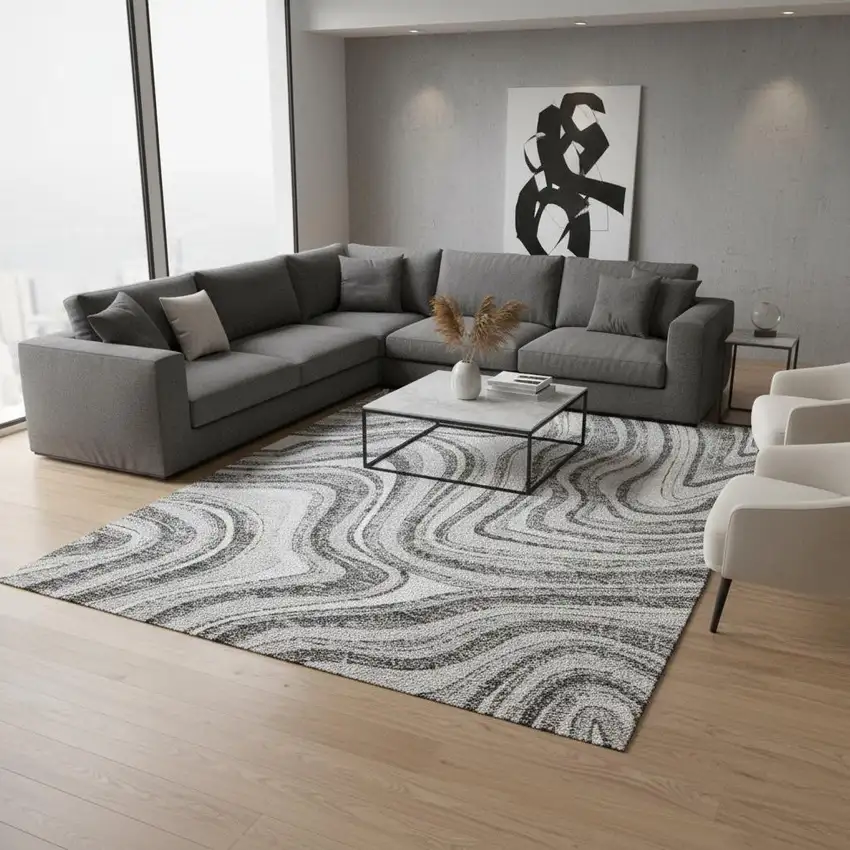 Gray And Ivory Marble Washable Area Rug With UV Protection Photo 2