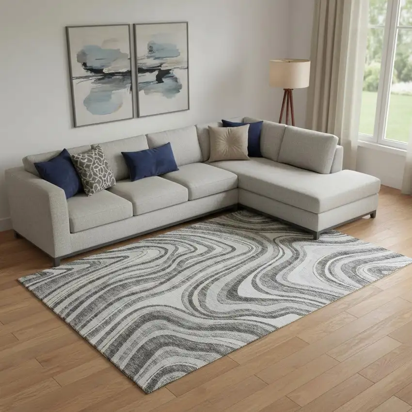 Gray And Ivory Marble Washable Area Rug With UV Protection Photo 1