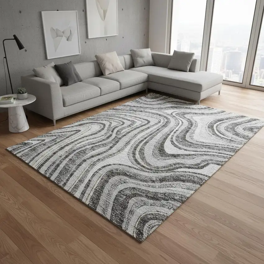 Gray And Ivory Marble Washable Area Rug With UV Protection Photo 2