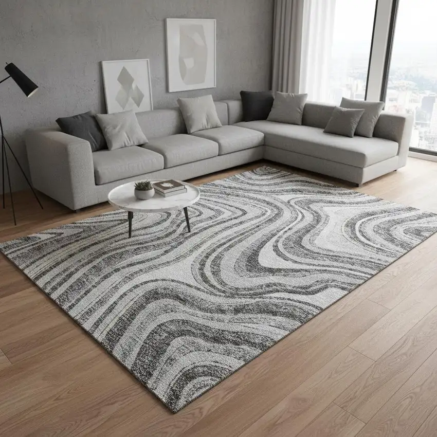 Gray And Ivory Marble Washable Area Rug With UV Protection Photo 2