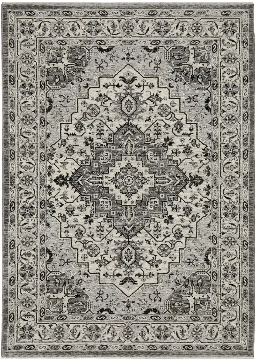 Gray And Ivory Medallion Area Rug With Fringe Photo 2