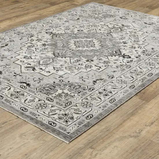 Gray And Ivory Medallion Area Rug With Fringe Photo 7