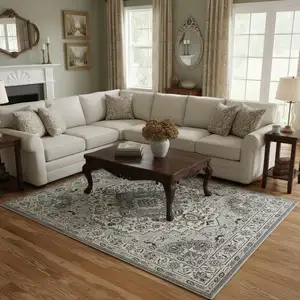 Photo of Gray And Ivory Medallion Area Rug With Fringe