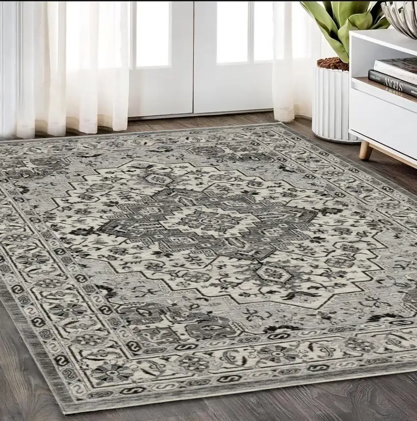 Gray And Ivory Medallion Area Rug With Fringe Photo 1