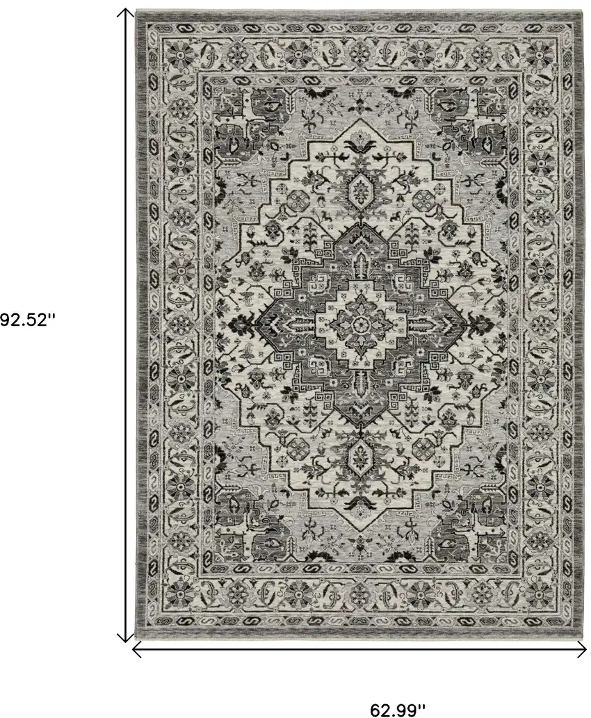 Gray And Ivory Medallion Area Rug With Fringe Photo 3