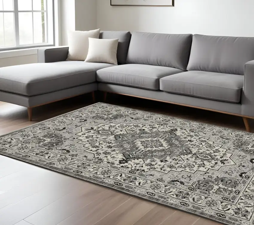 Gray And Ivory Medallion Area Rug With Fringe Photo 1