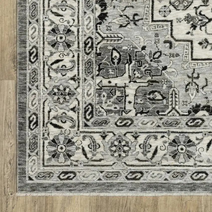 Gray And Ivory Medallion Area Rug With Fringe Photo 7