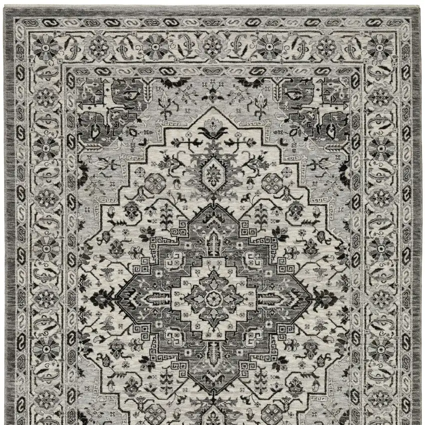 Gray And Ivory Medallion Area Rug With Fringe Photo 9