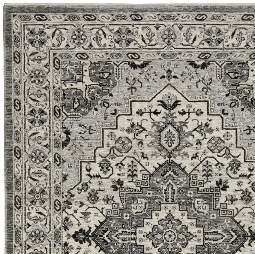 Gray And Ivory Medallion Area Rug With Fringe Photo 9