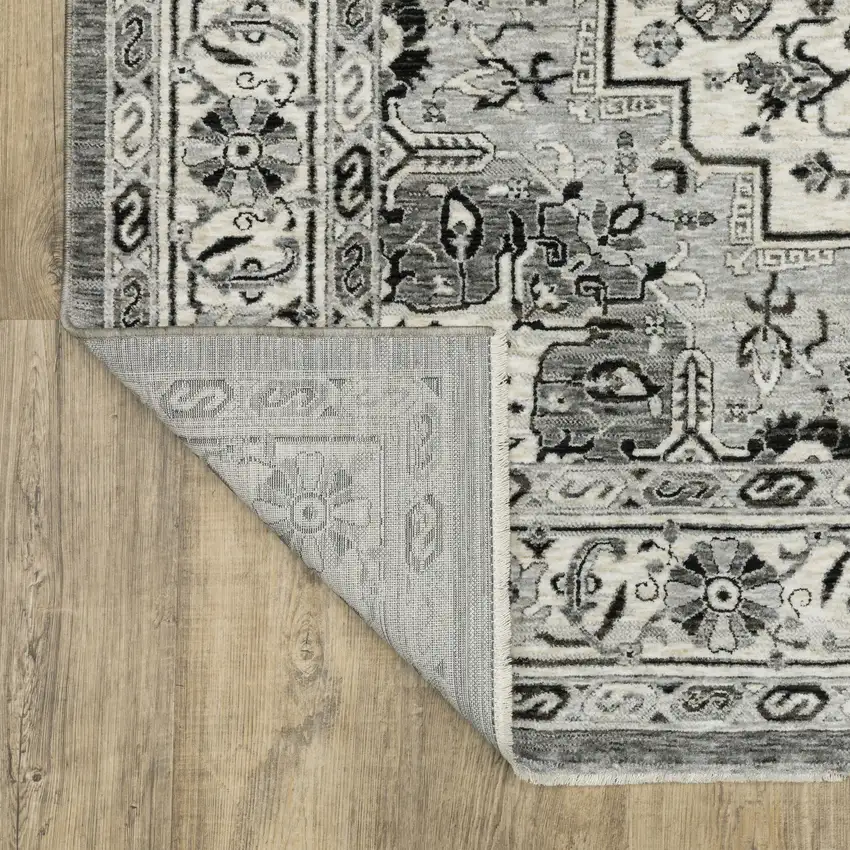 Gray And Ivory Medallion Area Rug With Fringe Photo 9