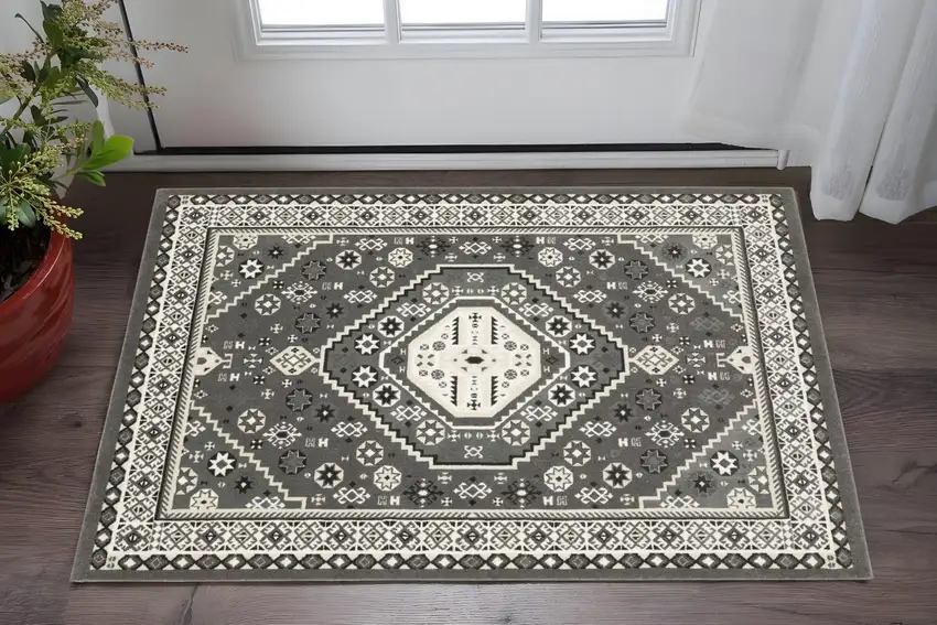 Gray And Ivory Medallion Area Rug Photo 1