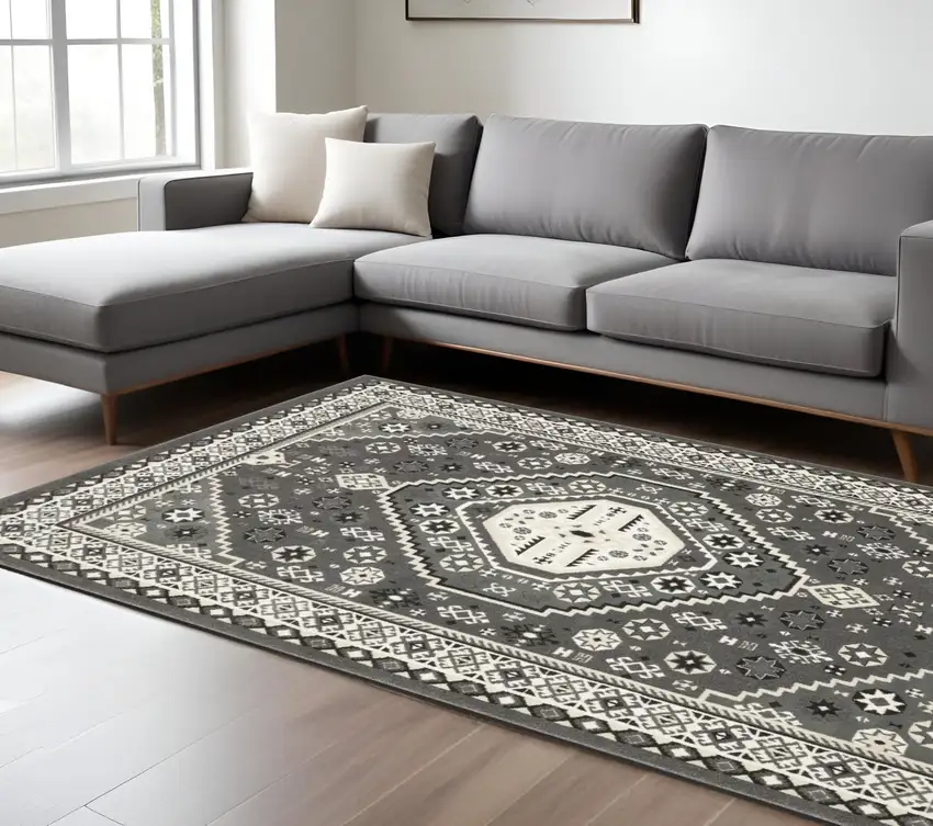 Gray And Ivory Medallion Area Rug Photo 1