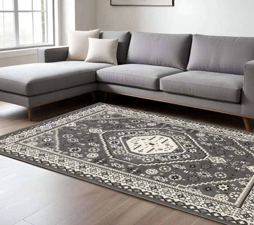 Gray And Ivory Medallion Area Rug Photo 1