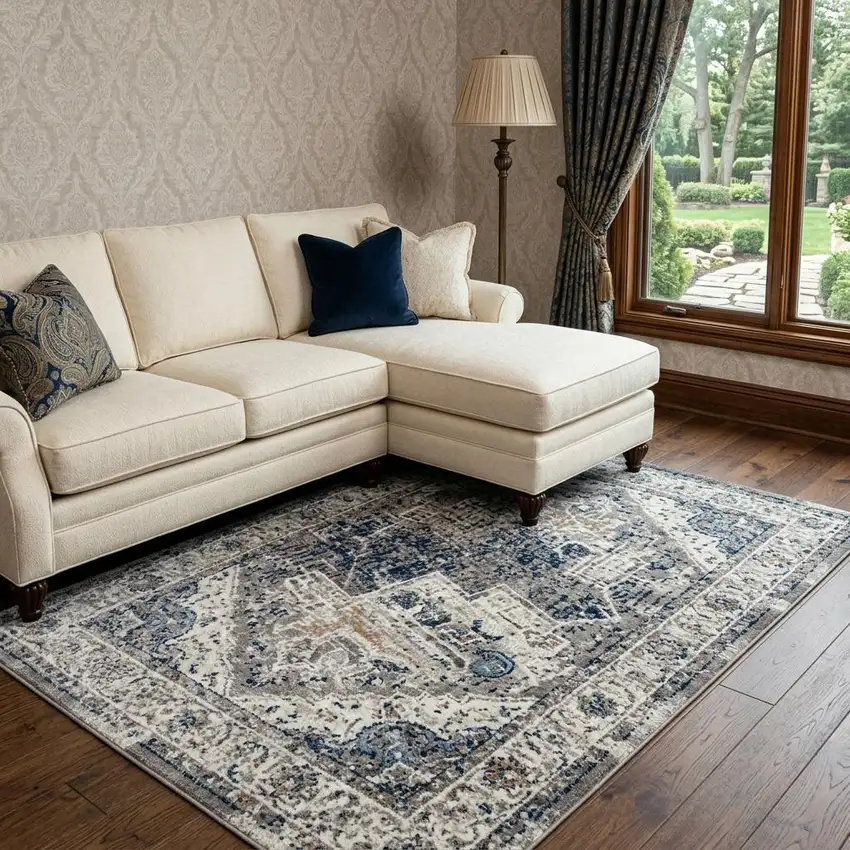 Gray And Ivory Medallion Hand Carved Handmade Area Rug Photo 1