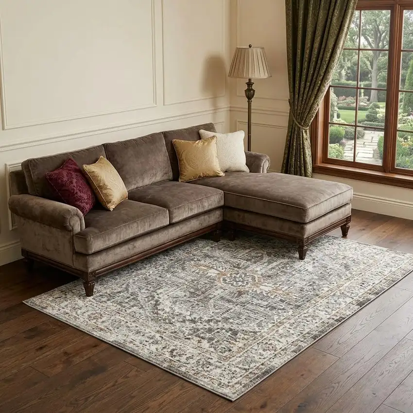 Gray And Ivory Medallion Hand Carved Handmade Area Rug Photo 1