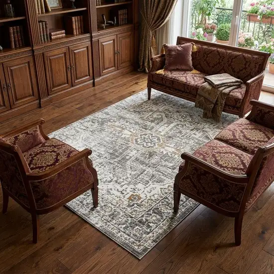 Gray And Ivory Medallion Hand Carved Handmade Area Rug Photo 1