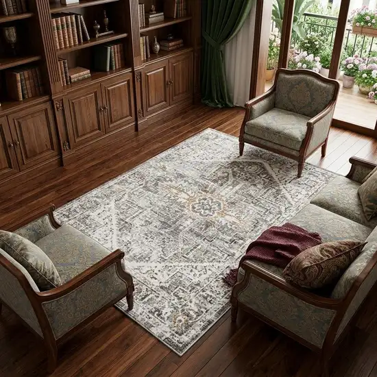 Gray And Ivory Medallion Hand Carved Handmade Area Rug Photo 1