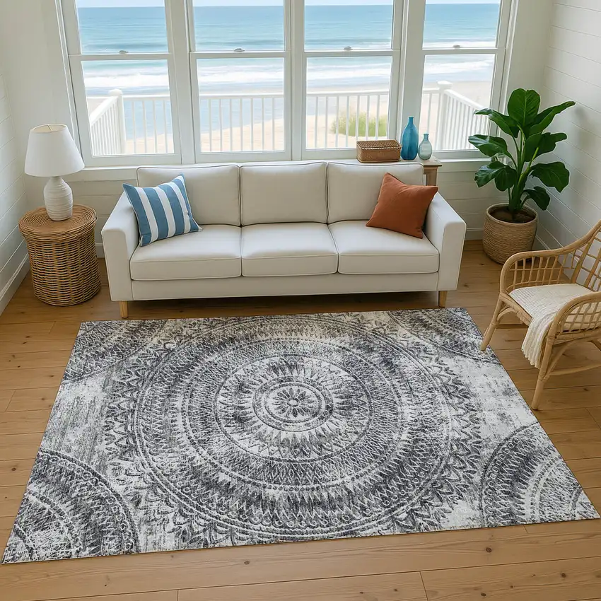 Gray And Ivory Medallion Washable Area Rug With UV Protection Photo 6