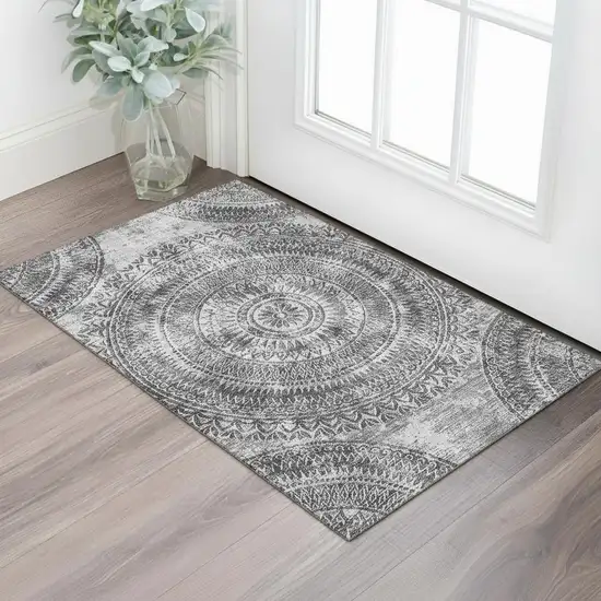 Gray And Ivory Medallion Washable Area Rug With UV Protection Photo 1