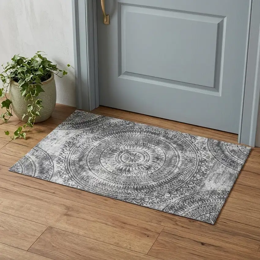 Gray And Ivory Medallion Washable Area Rug With UV Protection Photo 1