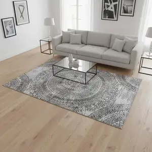 Photo of Gray And Ivory Medallion Washable Area Rug With UV Protection