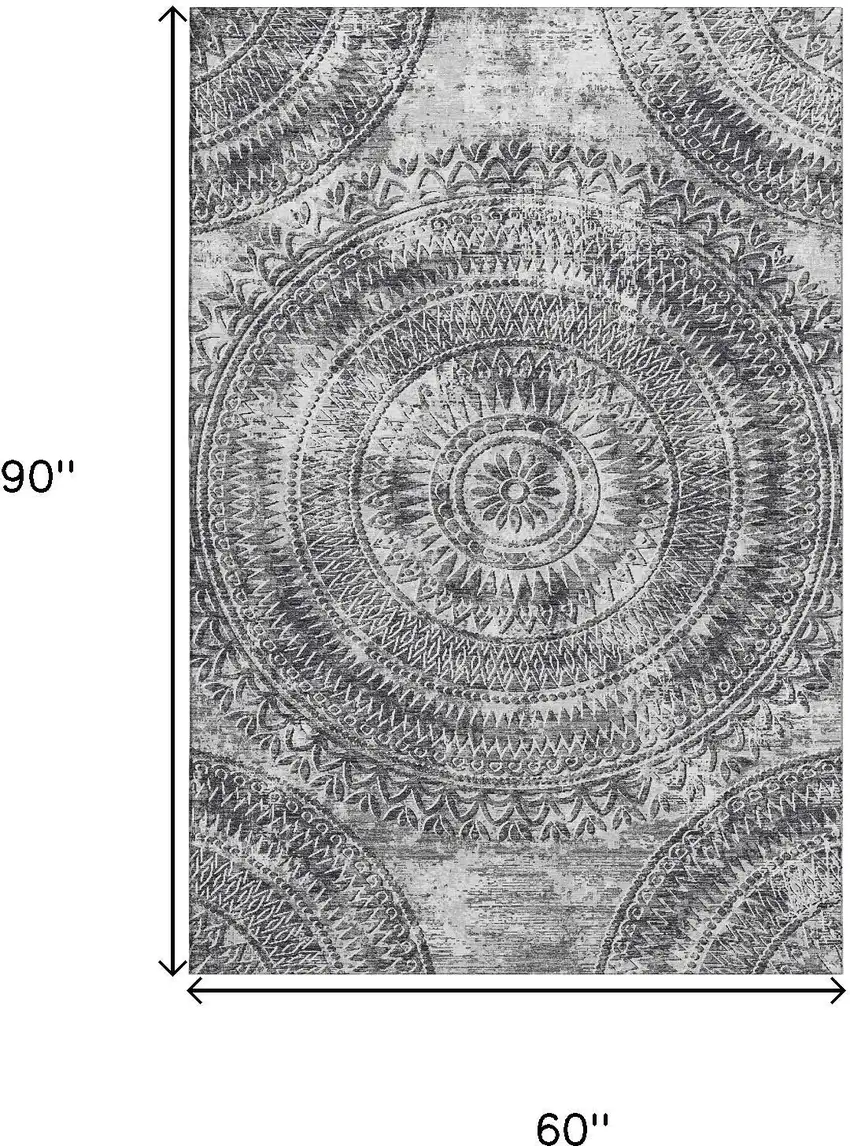Gray And Ivory Medallion Washable Area Rug With UV Protection Photo 3