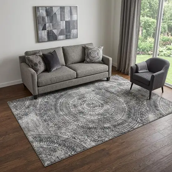 Gray And Ivory Medallion Washable Area Rug With UV Protection Photo 1
