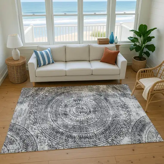 Gray And Ivory Medallion Washable Area Rug With UV Protection Photo 5