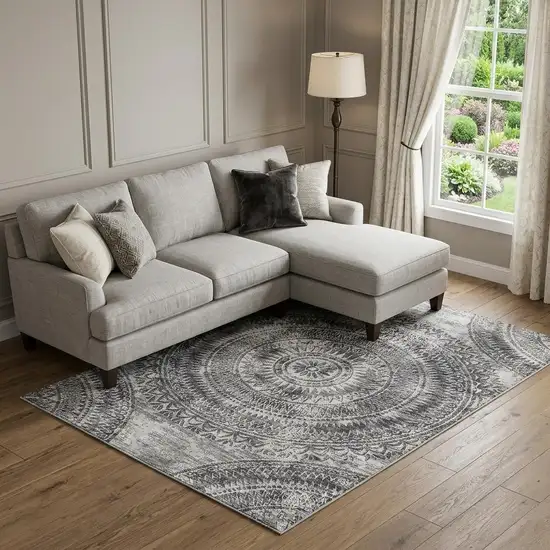 Gray And Ivory Medallion Washable Area Rug With UV Protection Photo 1