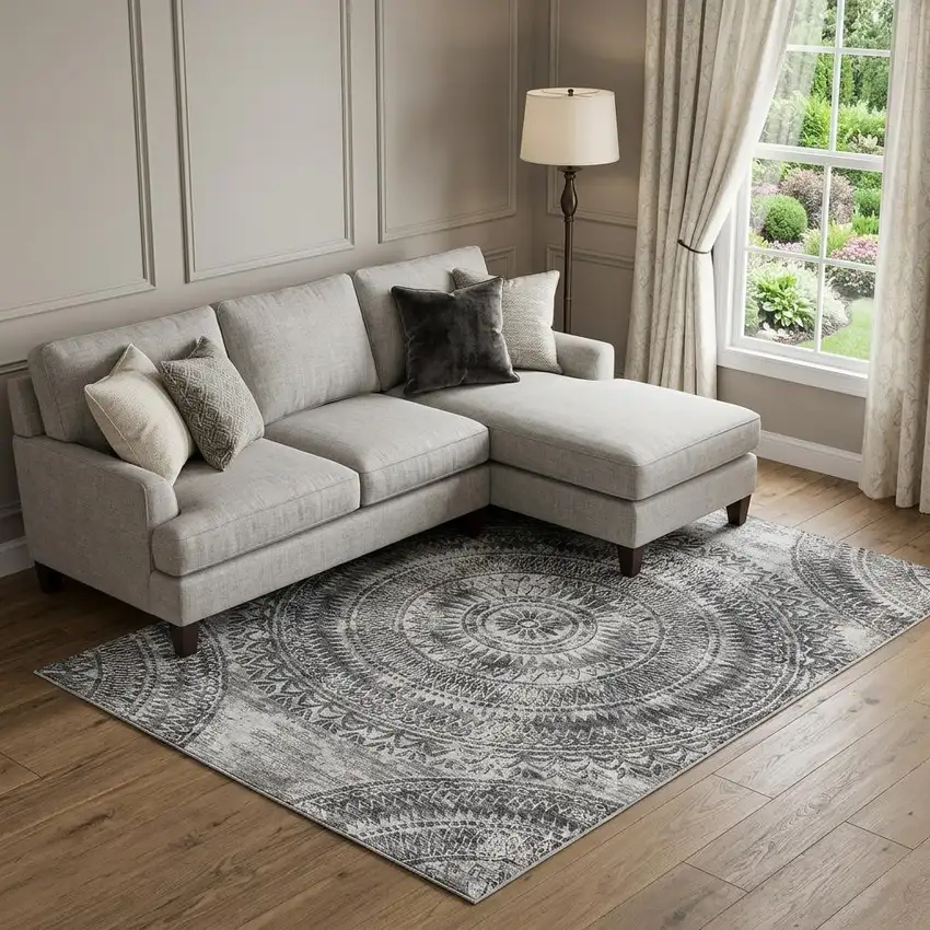 Gray And Ivory Medallion Washable Area Rug With UV Protection Photo 1