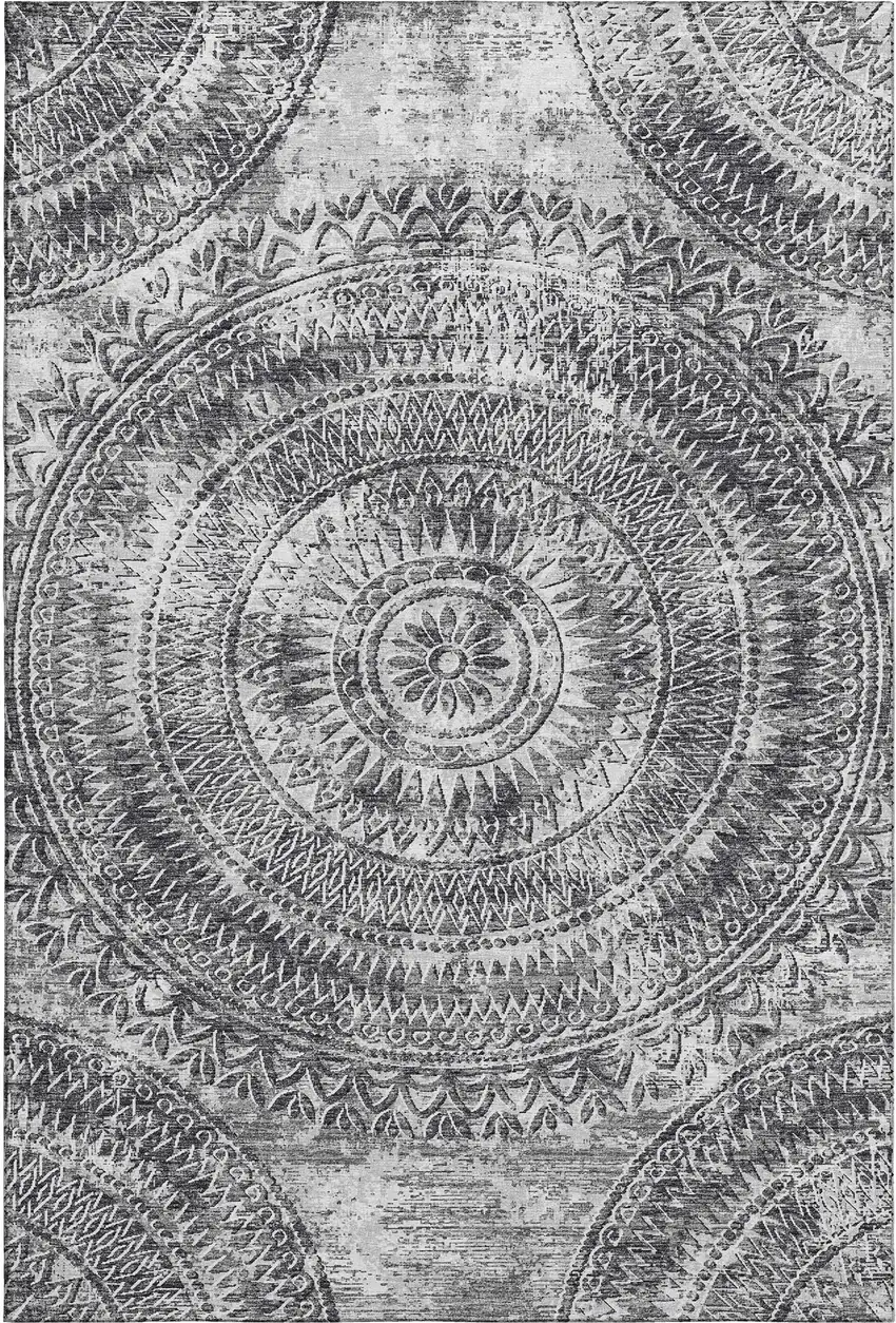 Gray And Ivory Medallion Washable Area Rug With UV Protection Photo 2