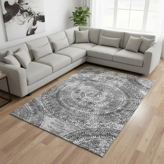 Gray And Ivory Medallion Washable Area Rug With UV Protection Photo 1