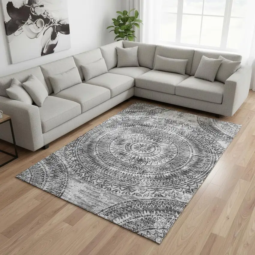 Gray And Ivory Medallion Washable Area Rug With UV Protection Photo 1