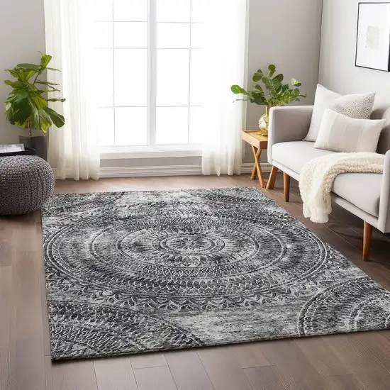 Gray And Ivory Medallion Washable Area Rug With UV Protection Photo 4
