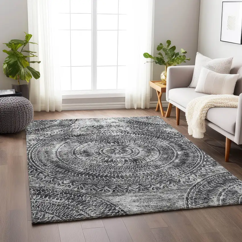 Gray And Ivory Medallion Washable Area Rug With UV Protection Photo 4