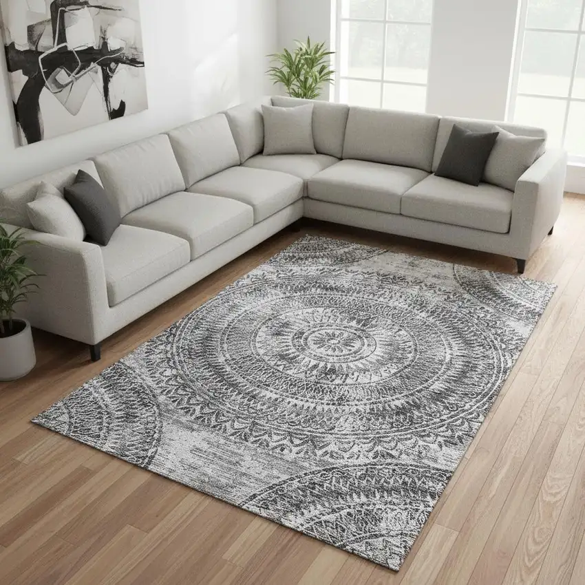 Gray And Ivory Medallion Washable Area Rug With UV Protection Photo 1