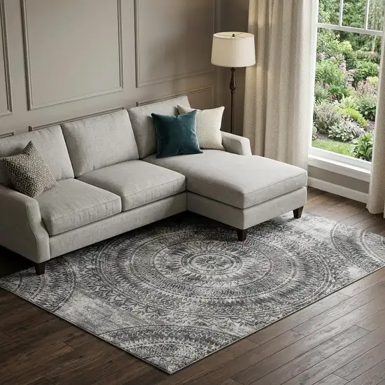 Gray And Ivory Medallion Washable Area Rug With UV Protection Photo 1
