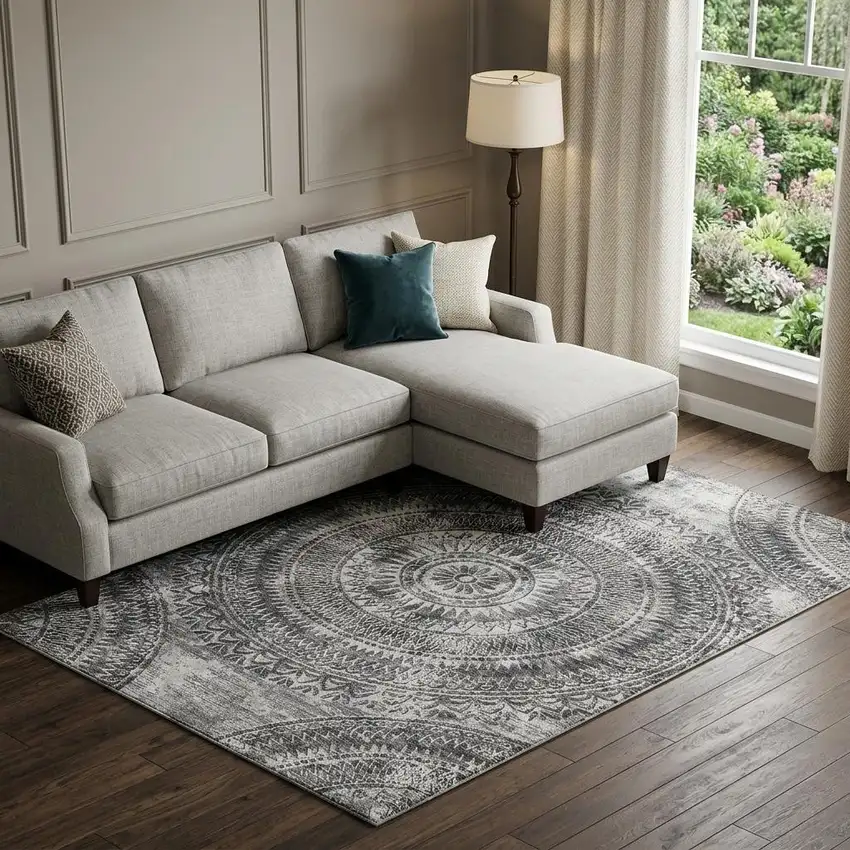 Gray And Ivory Medallion Washable Area Rug With UV Protection Photo 1