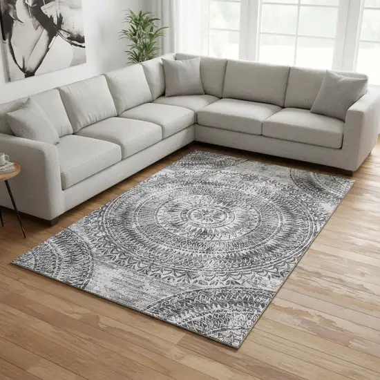 Gray And Ivory Medallion Washable Area Rug With UV Protection Photo 1