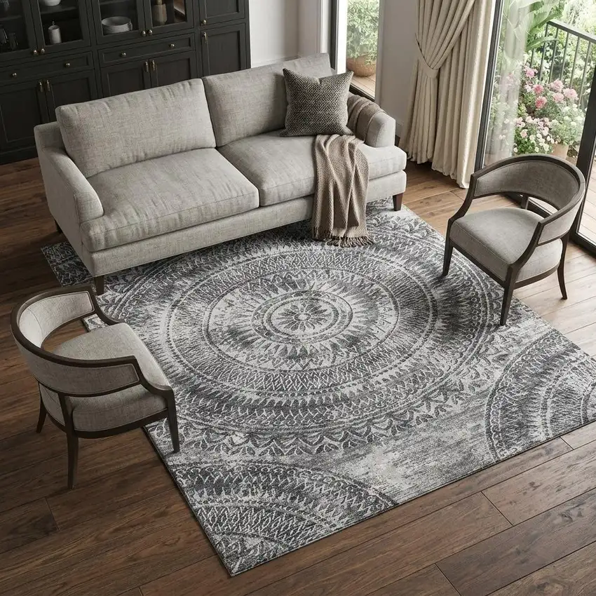 Gray And Ivory Medallion Washable Area Rug With UV Protection Photo 1